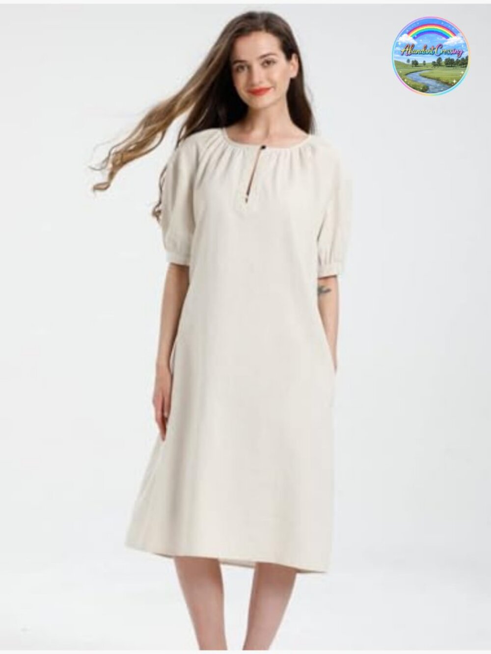 Cotton Linen Short Sleeve Midi Dress with Pockets - Picture 3 of 5